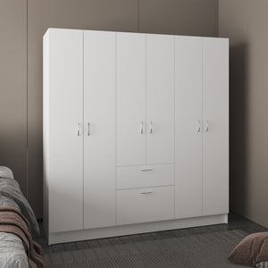 English Elm Mitu Six Doors Armoire White - 71.2" High MDF Wardrobe with 7 Shelves, Hanging Rods & Spacious Drawer B200S00426