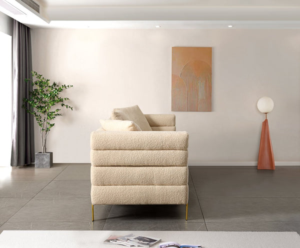 English Elm Luxurious three-seat upholstered sofa with golden legs and plush pillows, modern chic design for living rooms Beige B205S00085