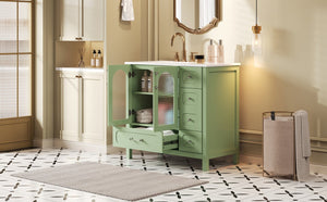 English Elm 36" Green Bathroom Vanity with Waffle Texture Doors, 4 Drawers, Glass Panels, Soft-Closing, Modern Storage N710P280025C