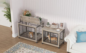 English Elm Furniture Style Dog Crate Side Table on Wheels with Double Doors, Lift-Top, Grey — Safe, Mobile, 38.58"w x 27.36"h W116291737
