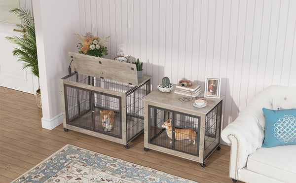 English Elm Furniture Style Dog Crate Side Table on Wheels with Double Doors, Lift-Top, Grey — Safe, Mobile, 38.58"w x 27.36"h W116291737