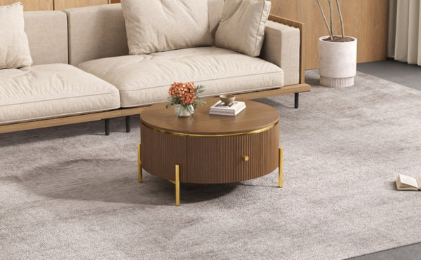 English Elm Modern Round Coffee Table with Gold Legs Two Drawers Brown Mdf Living Room N735P338995D