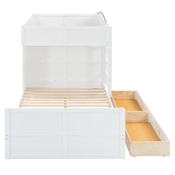 English Elm Full Size Offset Bunk Bed with Wardrobe Hanging Rod Drawers and Upholstered Rail White N820S00081K