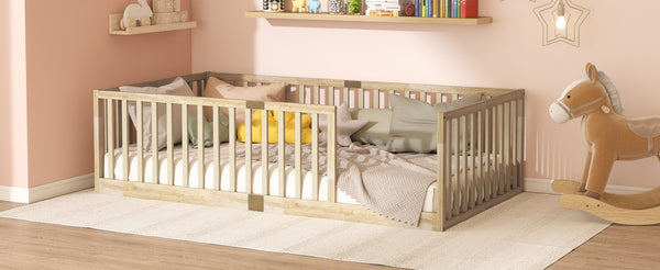 English Elm Twin House Frame Floor Bed Rubberwood with Roof Canopy and Safety Rails for Kids Natural W504P429531