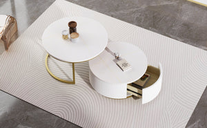English Elm Modern Round Nesting Coffee Table Fluted with Drawer in Gold Finish — Elegant MDF Top, Space-Saving Design White N735P254992K