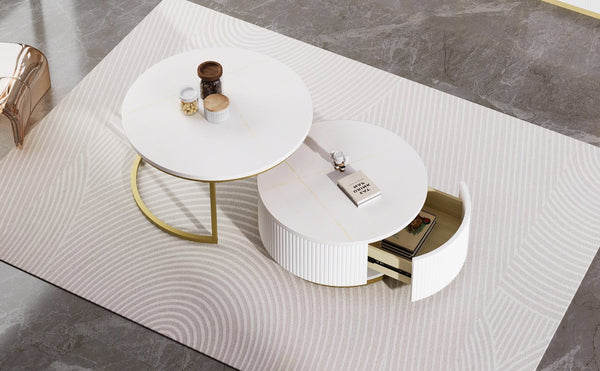 English Elm Modern Round Nesting Coffee Table Fluted with Drawer in Gold Finish — Elegant MDF Top, Space-Saving Design White N735P254992K