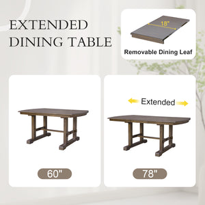 English Elm 60"-78" Extendable Dining Table with Removable Leaf, Solid Wood Farmhouse Kitchen Table for 4-8 Guests, Durable Finish and Easy Care Guidance Brown N752P271802D