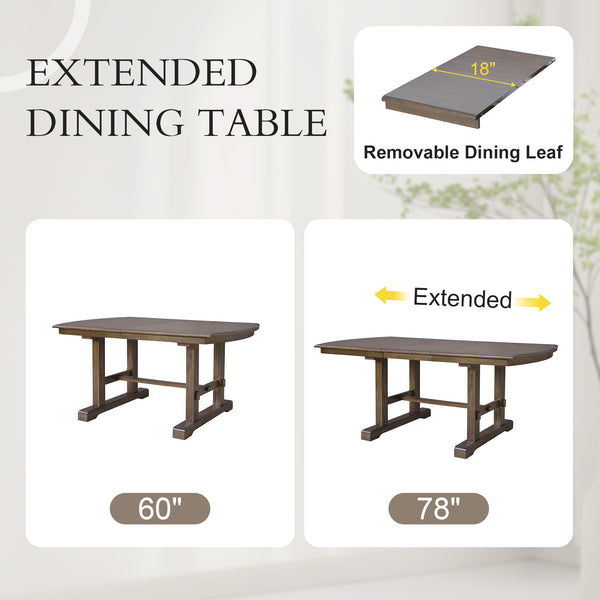 English Elm 60"-78" Extendable Dining Table with Removable Leaf, Solid Wood Farmhouse Kitchen Table for 4-8 Guests, Durable Finish and Easy Care Guidance Brown N752P271802D