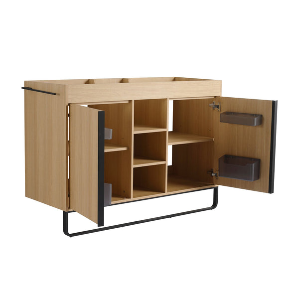 English Elm 48" Freestanding Bathroom Vanity Cabinet with 2 Soft-Close Doors, 3 Open Shelves, Towel Hanger, Boxes Designed for Organized Storage W999P376885