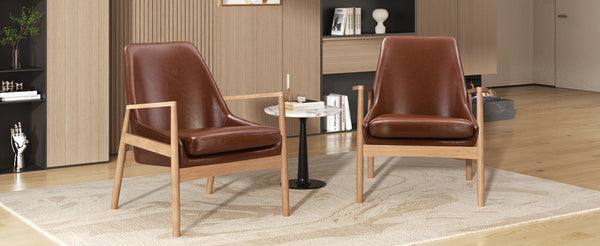 English Elm U-Can Mid-Century PU Leather Armchair Set of 2 with Solid Wood Frame, High-Back Comfort & Style SJ000145AAD