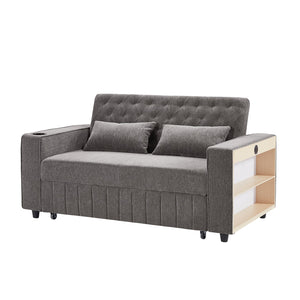 English Elm 61.4" Pull-out Sofa Bed Loveseat with Adjustable 3-Position Backrest, USB Ports, Cup Holders, Storage Rack Grey N719S001900E