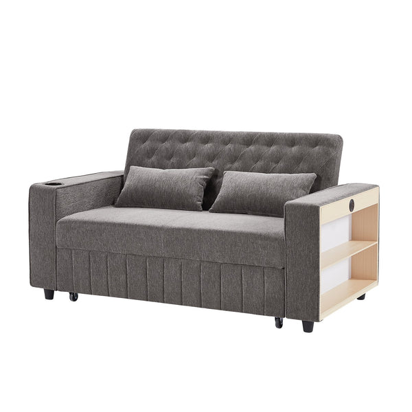 English Elm 61.4" Pull-out Sofa Bed Loveseat with Adjustable 3-Position Backrest, USB Ports, Cup Holders, Storage Rack Grey N719S001900E