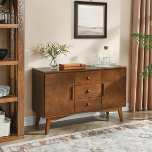 English Elm 47.3" Mid Century Modern Sideboard Buffet with 2 Doors 3 Drawers Walnut — Spacious Storage, Solid Wood Base, Stylish Console Table W1801P195696