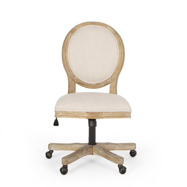 English Elm Christopher Knight Home® - SWIVEL&LIFT French Country Office Chair in Beige Fabric with Distressed Rubberwood Base, Casters 71884.00FBGENTL