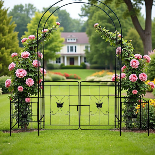 English Elm Garden Arch Arbor Trellis With Gate - Durable Metal Design For Climbing Plants, Weddings & Patios W840P321539