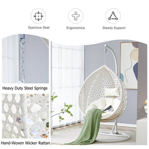 English Elm 76.8-inch Hand Woven Rattan Egg Swing Chair Indoor Outdoor with Cushion Lumbar Pillow White W1512P498593