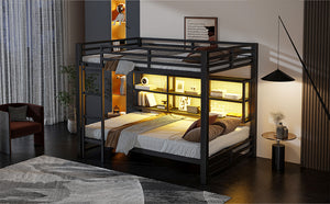 English Elm Metal Queen over Queen Bunk Bed with Storage Cabinets, LED Lighting, Sturdy Black Metal Frame, Space-Saving Design N7090000672B