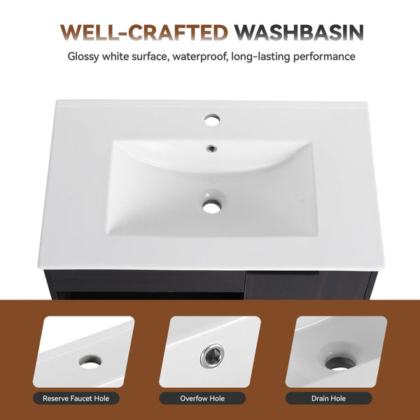 English Elm 30" Floating Bathroom Vanity Dark Oak Cabinet Ceramic Sink Open Shelf Soft Close W3450P435831