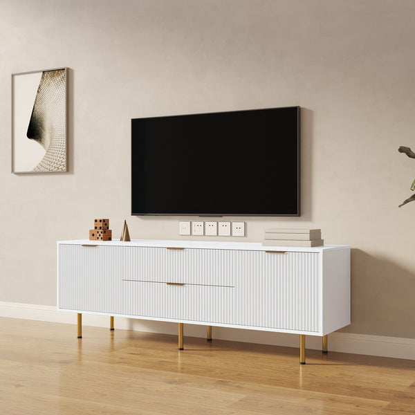 English Elm Modern warm white TV cabinet for 80" TVs with two drawers, durable particleboard, sleek storage design W331P240826