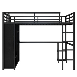 English Elm Queen Size Loft Bed Frame With Integrated Wardrobe, Desk & Shelves - Space-Saving Black Design W1580S00105-GIGA