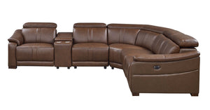 English Elm Leather Match Power Reclining Sectional with Storage Console and Adjustable Headrests Dark Brown B2748S00037