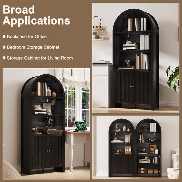 English Elm 71" Tall Farmhouse Bookshelf with Arched Top and Lower Cabinet, Rustic Slatted Doors, Sturdy Design Black T3771P371997