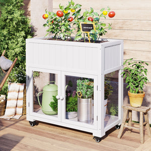 English Elm TOPMAX Mini Cold Frame Greenhouse with Fir Wood, Polycarbonate Doors, Raised Bed & Removable Wheels White N717P229026K