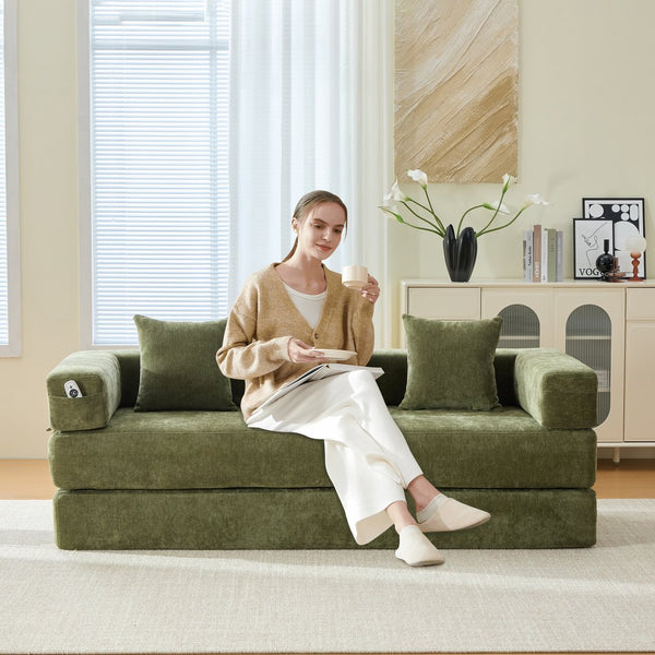 English Elm UNITED Folding Sofa Bed with Removable Cover Zipper, Chenille Memory Foam Sleeper for Small Spaces Green W1568P293807