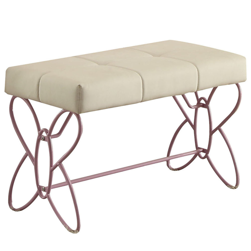 English Elm White Butterfly Tufted Bench in White Faux Leather with Light Pink Finish, Armless, Comfortable Seat B062P208996