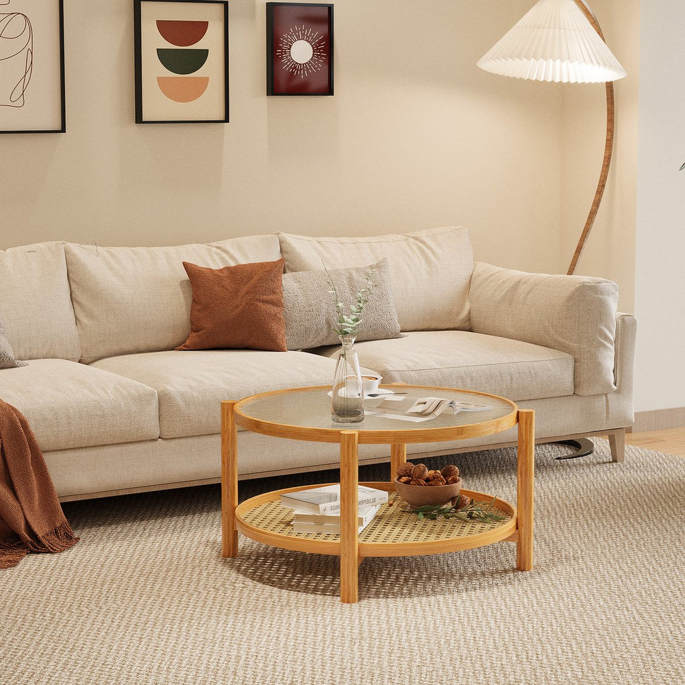 English Elm Rattan 2-Tier Bamboo Coffee Table with Water Ripple Glass Top, PVC Rattan Shelf, Natural White Modern Elegance W2992P347391