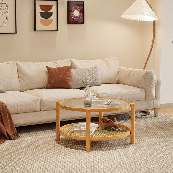 English Elm Rattan 2-Tier Bamboo Coffee Table with Water Ripple Glass Top, PVC Rattan Shelf, Natural White Modern Elegance W2992P347391