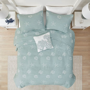English Elm 4 Harbor House Seaside Cotton Percale Reversible Quilt Set with Embroidered Starfish and Shells, Full/Queen Aqua 20.87 L x 16.93 W x 10.24 H B03595790