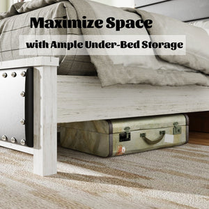 English Elm King Upholstered Bed Frame with LED Lights & Charging Station, Rivet Detail, Wood Slat Platform Antique White+Gray W636P176753