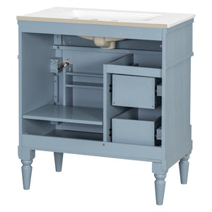 English Elm 30" Freestanding Bathroom Vanity Rubberwood Frame Ceramic Sink Flip Drawer Storage Blue+Grey N725P356062E