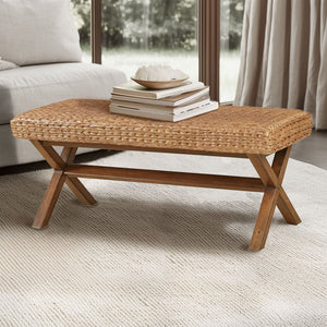 JLA Home INK+IVY - Seadrift Handwoven Water Hyacinth Bench with Chestnut Wood Legs — Coastal Boho Seating, 41.5" wide II105-0256