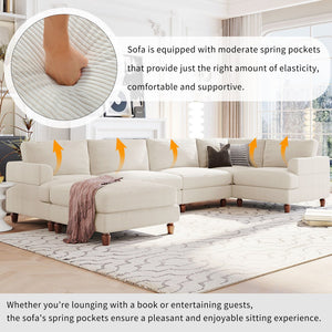 English Elm U_Style Modular Sectional Sofa with Ottoman — Spacious 5-6 Seater L-Shaped Corner Sofa, Plywood Frame, Durable Polyester Upholstery Beige WY000421AAA