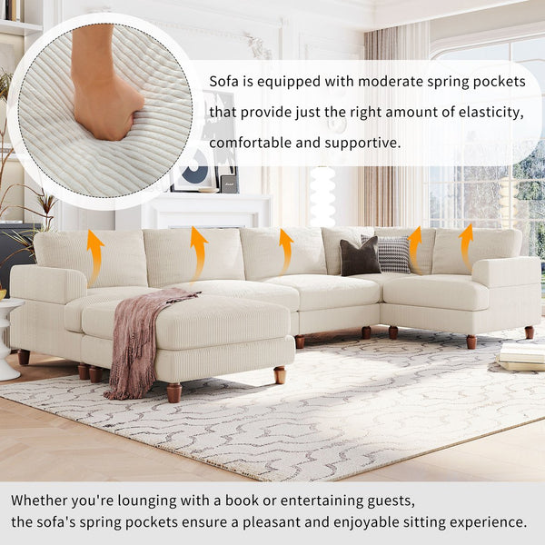 English Elm U_Style Modular Sectional Sofa with Ottoman — Spacious 5-6 Seater L-Shaped Corner Sofa, Plywood Frame, Durable Polyester Upholstery Beige WY000421AAA