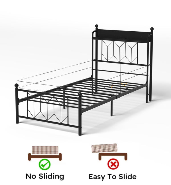 English Elm Twin Bed Frames with Storage Headboard, Built-In USB/Type-C Charging, LED Light, Space-Saving Design Black W2129P314785