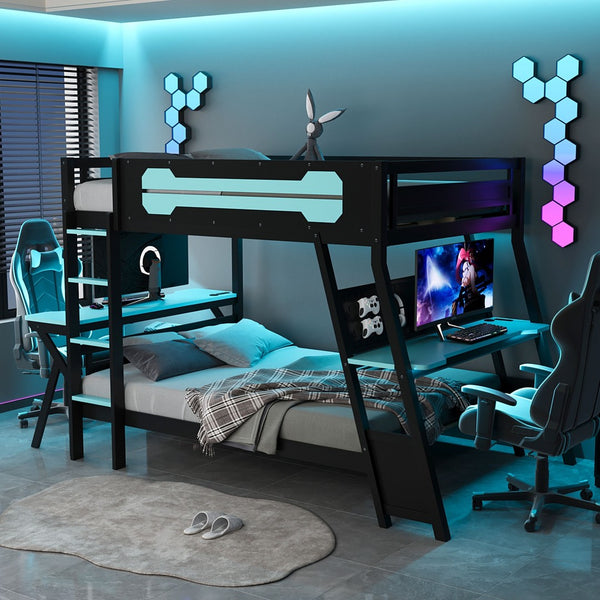 English Elm Full Size Gaming Bunk Bed with Dual Desks Usb Charging Ports and Pegboard Storage Blue LT000274AAC