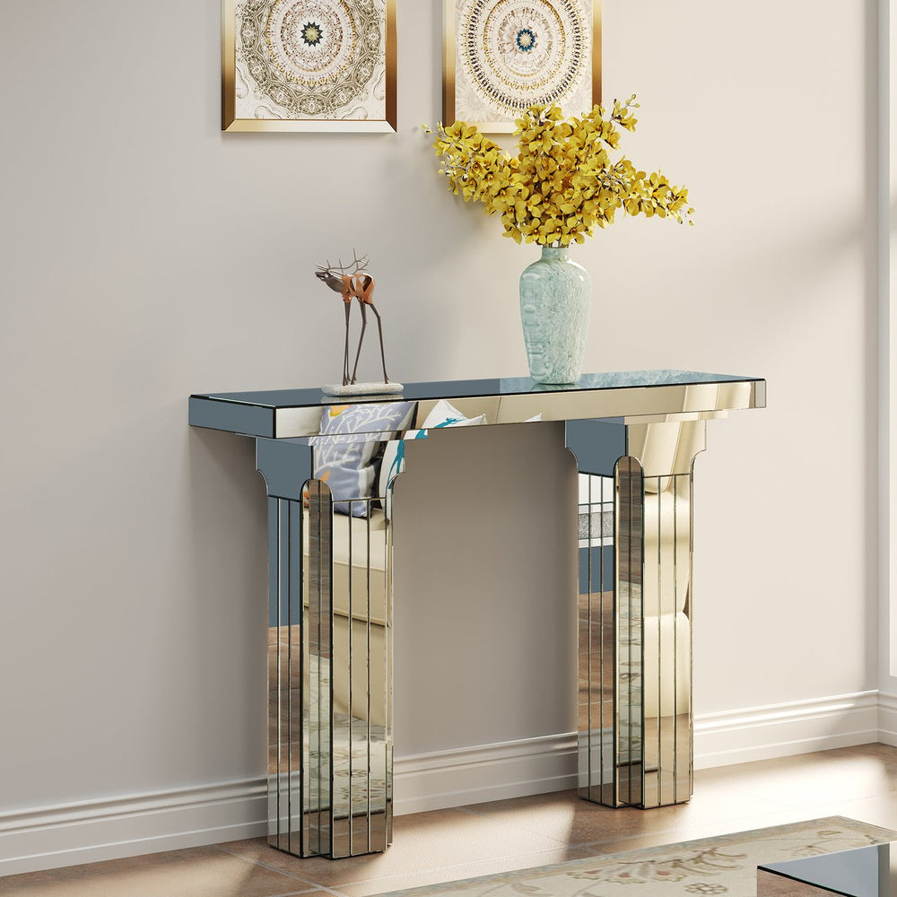 English Elm Mirrored Console Table 64" Wide Bling Silver Glass Entryway Desk Modern Multi-Tier Edge Design W3836P370299
