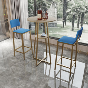 English Elm Bar Table and Chair Set Gold Frame Blue Velvet Cushions with Built-in Storage Shelf W3064P245389