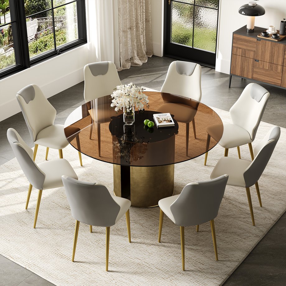 English Elm 59-Inch Modern Round Dining Table Set - Dark Brown Glass Top With Antique Copper Steel Base For 8 W509S00148