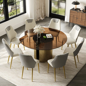 English Elm 59-Inch Modern Round Dining Table Set - Dark Brown Glass Top With Antique Copper Steel Base For 8 W509S00148