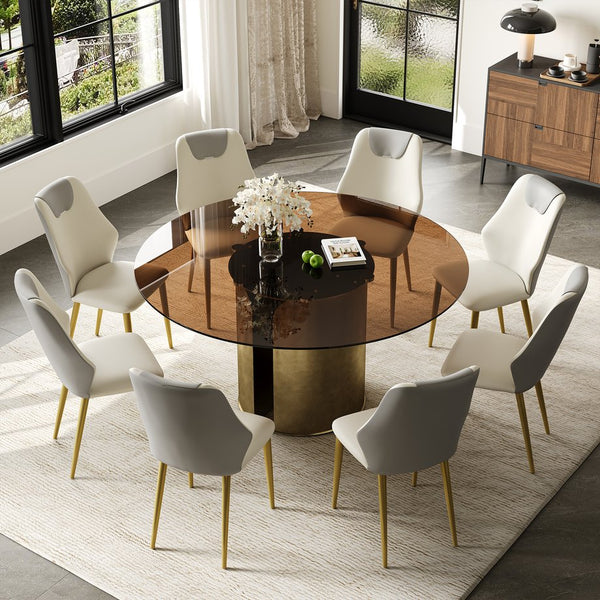 English Elm 59-Inch Modern Round Dining Table Set - Dark Brown Glass Top With Antique Copper Steel Base For 8 W509S00148