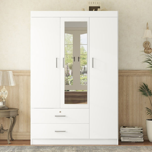 English Elm 3-door Wardrobe with Full Length Mirror Lockable Drawer and Bedroom Shelf Storage White LP006601AAK