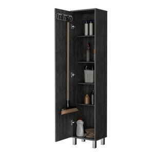 English Elm Lawen Slim Tall Storage Cabinet Smokey Oak with Single Door, 3 Broom Hangers, Metal Handle, Compact 71" B128P176121