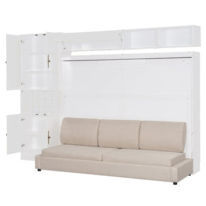 English Elm Queen Murphy Wall Bed Sofa with Open Shelving Usb Charging and Integrated Studio Lighting Gray,White LP100764AAK