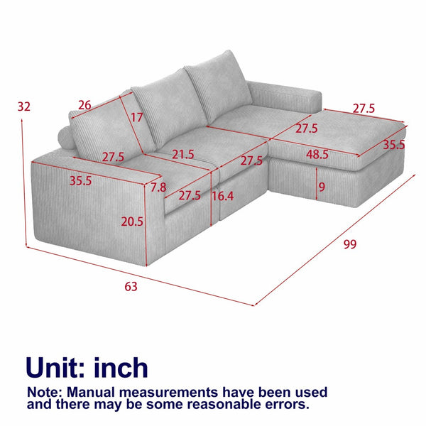 English Elm 99-inch Corduroy L-shaped Sectional Sofa with Reversible Chaise and Neck Pillow Support W834S00614