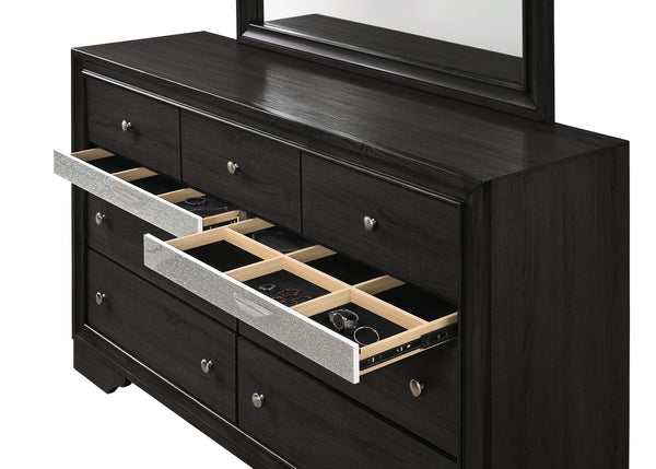 English Elm Modern Luxury Glam 5-Drawer Chest with Jewel Tray and Dustproof Bottom, Solid Wood Storage Elegance Black 66 L x 19.5 W x 41.8 H B011P234367