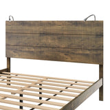 English Elm Farmhouse Wooden Platform Queen Size Bed, Modern Platform Bed With Two Bedside Lights, Antique Walnut